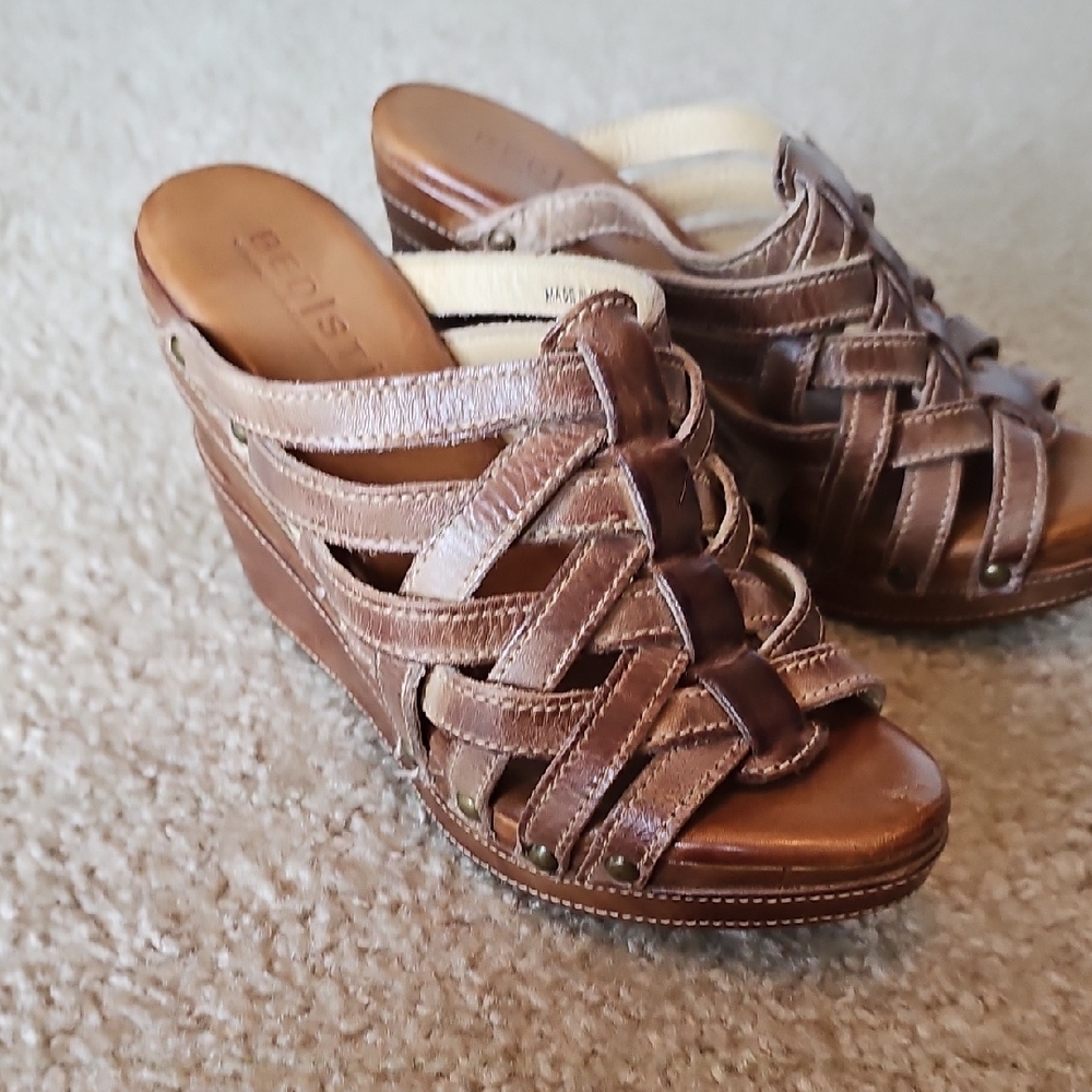 Bed Stu Gina Tan Leather Wedge Sandals Size 8 Euc